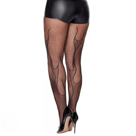 Leg Avenue Flame Net Tights OS Black Fishnet Stockings Flame Design - Picture 8 of 10